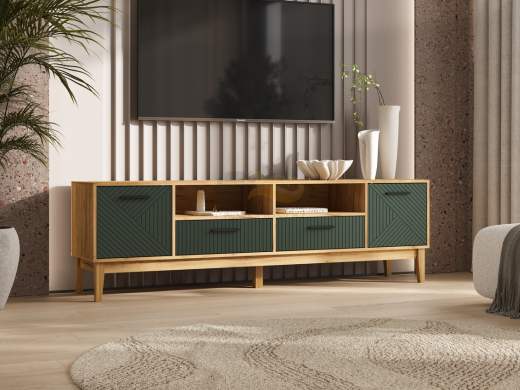 Тумба ТВ 2 двери 2 ящика Флэш Браш Мени Грин, Дуб Крафт